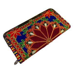 Boho Multicolor Chain Stitch Embroidered Zip Around Wallet Clutch